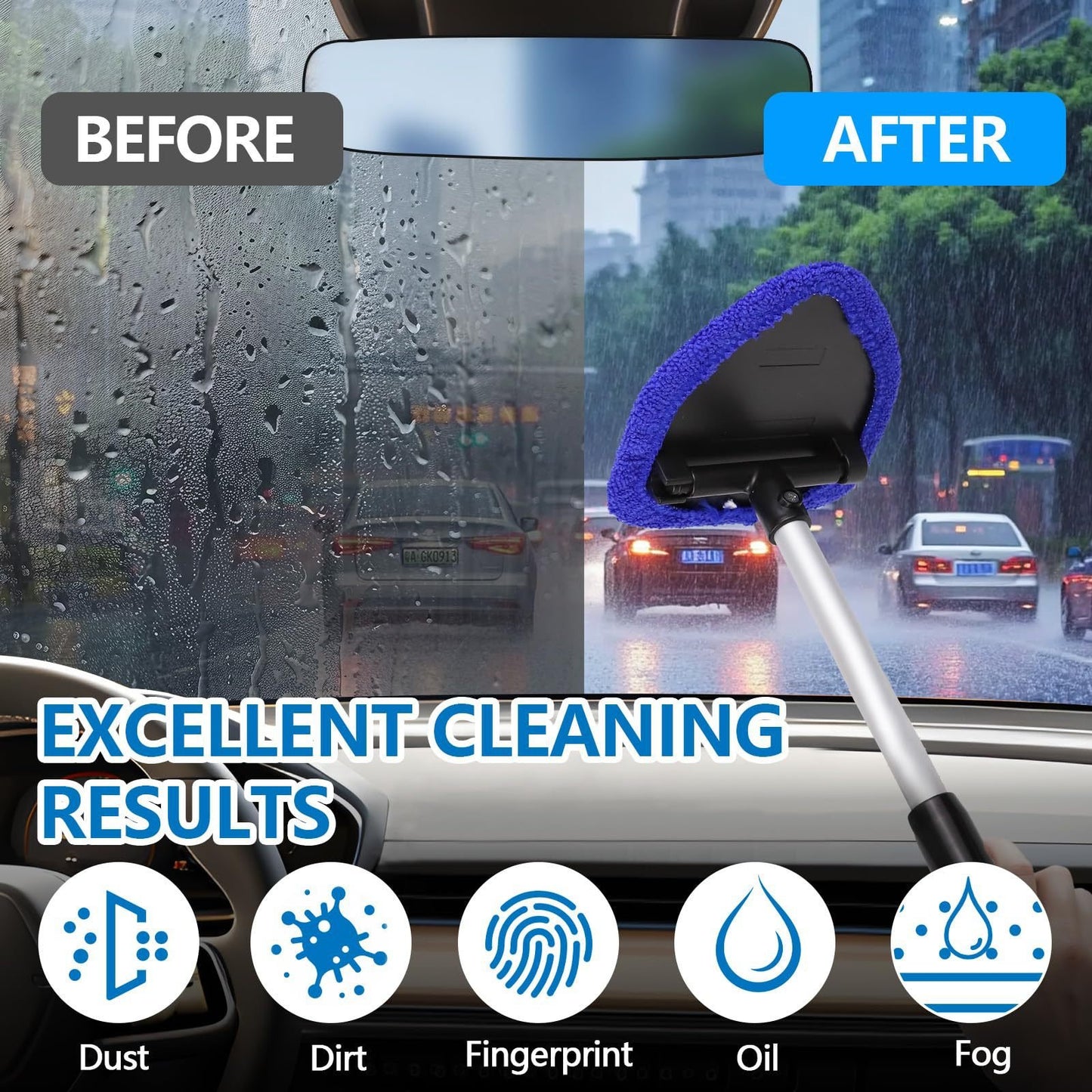 Microfiber Car Windshield Cleaning Tool with Extendable Handle
