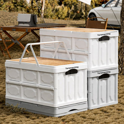 Foldable Outdoor Storage Box with Wooden Lid